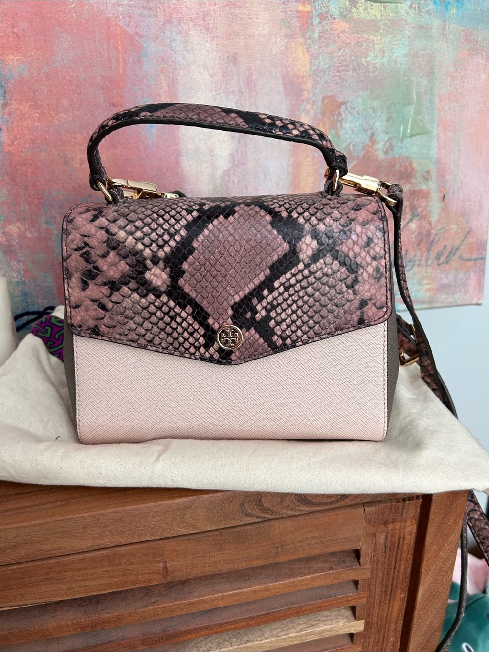 Tory Burch Pink Snake-Print Top Handle Satchel